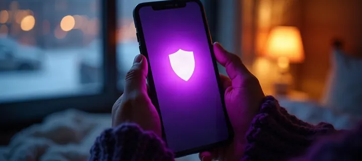 Руки держат телефон со щитом NvoVPN, за окном снег